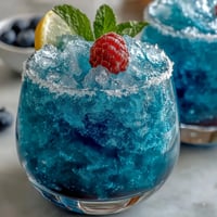 Vibrant blue raspberry lemonade slushie in a chilled glass, topped with fresh raspberries and mint, perfect for summer refreshment.