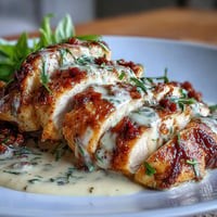 Creamy Marry Me Chicken with sun-dried tomatoes, bathed in a luxurious garlic Parmesan sauce.