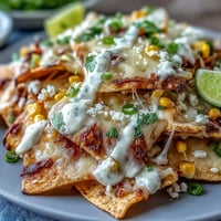 Golden elote nachos piled high with cheese and smoky chipotle crema.
